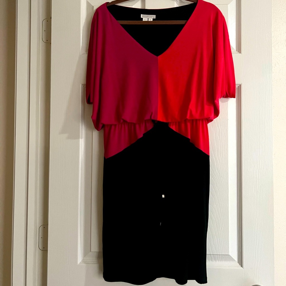 London Times Pink & orange color block midi dress with drawstring waist
